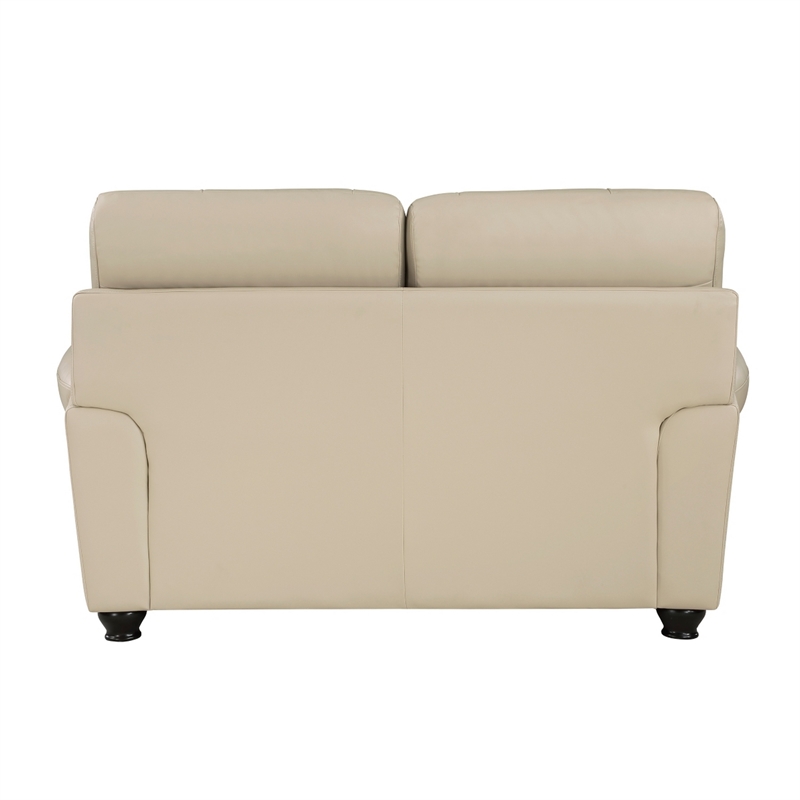 Kia 63 Inch Loveseat- Cream Top Grain and Faux Leather- Brown Solid Wood