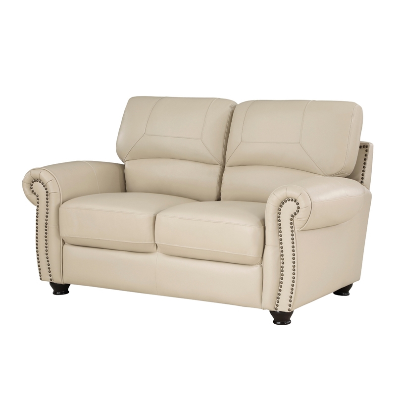 Kia 63 Inch Loveseat- Cream Top Grain and Faux Leather- Brown Solid Wood