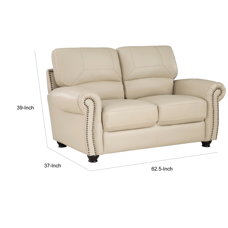 Kia 63 Inch Loveseat- Cream Top Grain and Faux Leather- Brown Solid Wood
