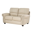 Kia 63 Inch Loveseat- Cream Top Grain and Faux Leather- Brown Solid Wood