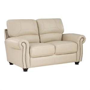 Kia 63 Inch Loveseat- Cream Top Grain and Faux Leather- Brown Solid Wood
