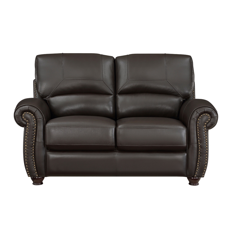 Kia 63 Inch Loveseat- Dark Brown Top Grain and Faux Leather- Solid Wood