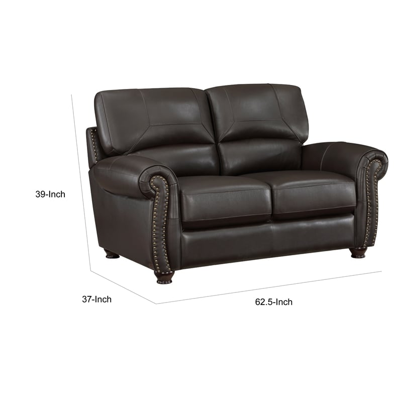 Kia 63 Inch Loveseat- Dark Brown Top Grain and Faux Leather- Solid Wood