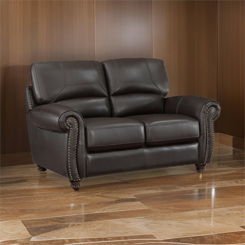 Kia 63 Inch Loveseat- Dark Brown Top Grain and Faux Leather- Solid Wood