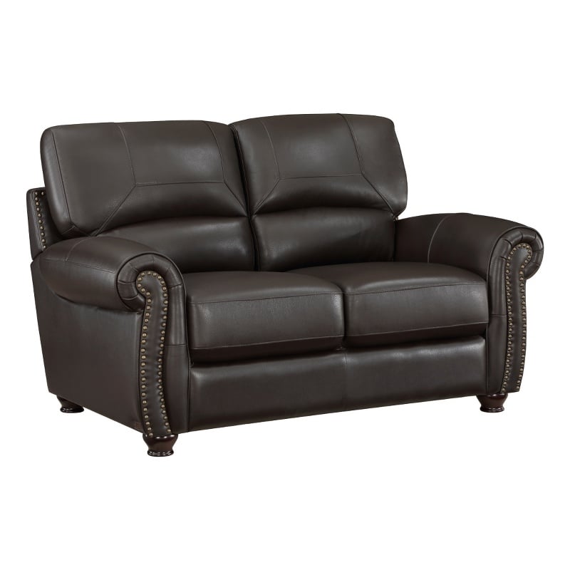 Kia 63 Inch Loveseat- Dark Brown Top Grain and Faux Leather- Solid Wood