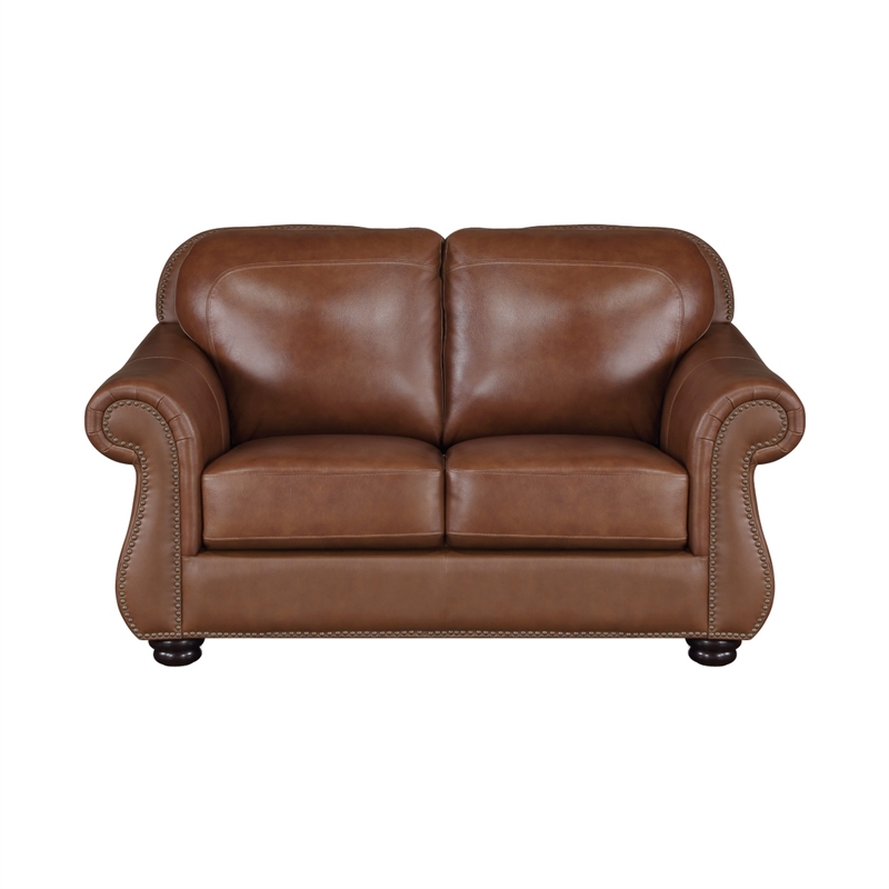 Boro 64 Inch Loveseat- Rich Brown Top Grain and Faux Leather- Solid Wood