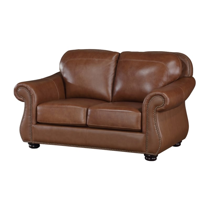 Boro 64 Inch Loveseat- Rich Brown Top Grain and Faux Leather- Solid Wood