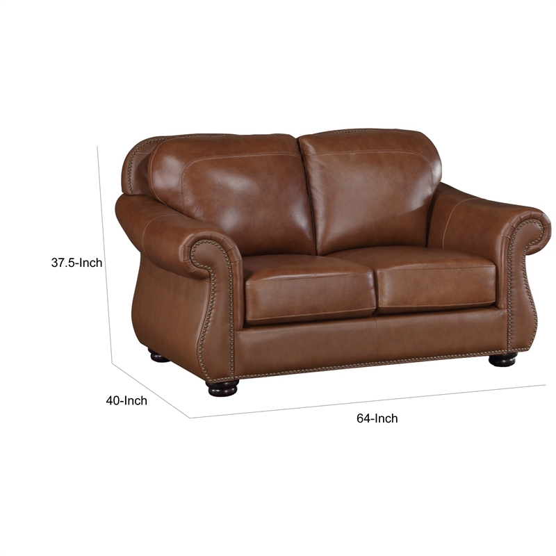 Boro 64 Inch Loveseat- Rich Brown Top Grain and Faux Leather- Solid Wood