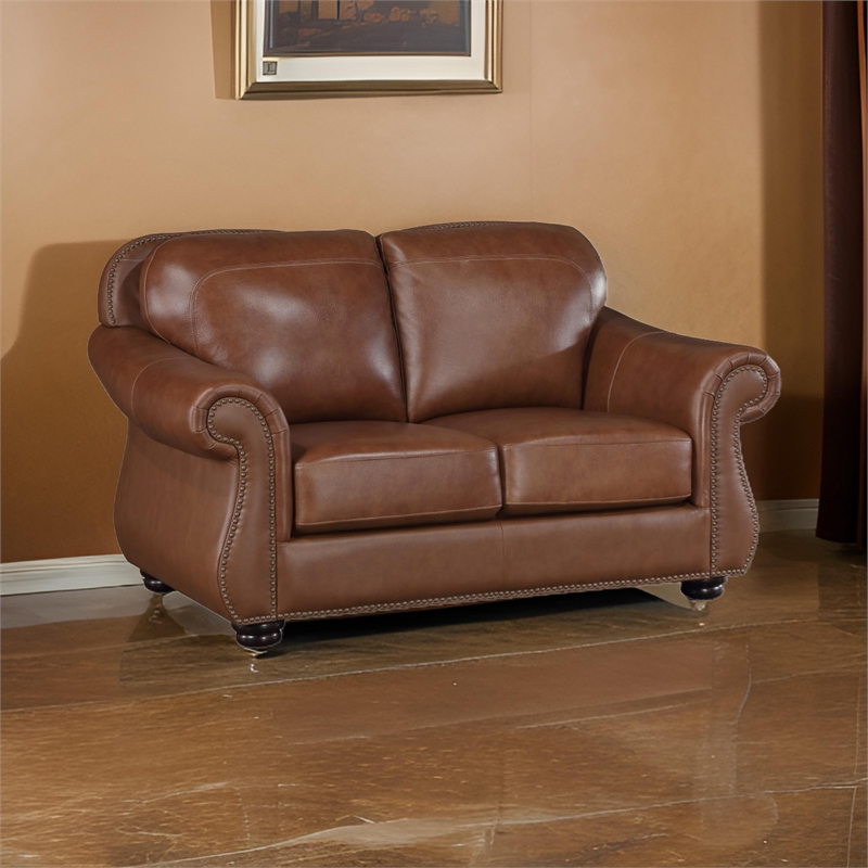 Boro 64 Inch Loveseat- Rich Brown Top Grain and Faux Leather- Solid Wood