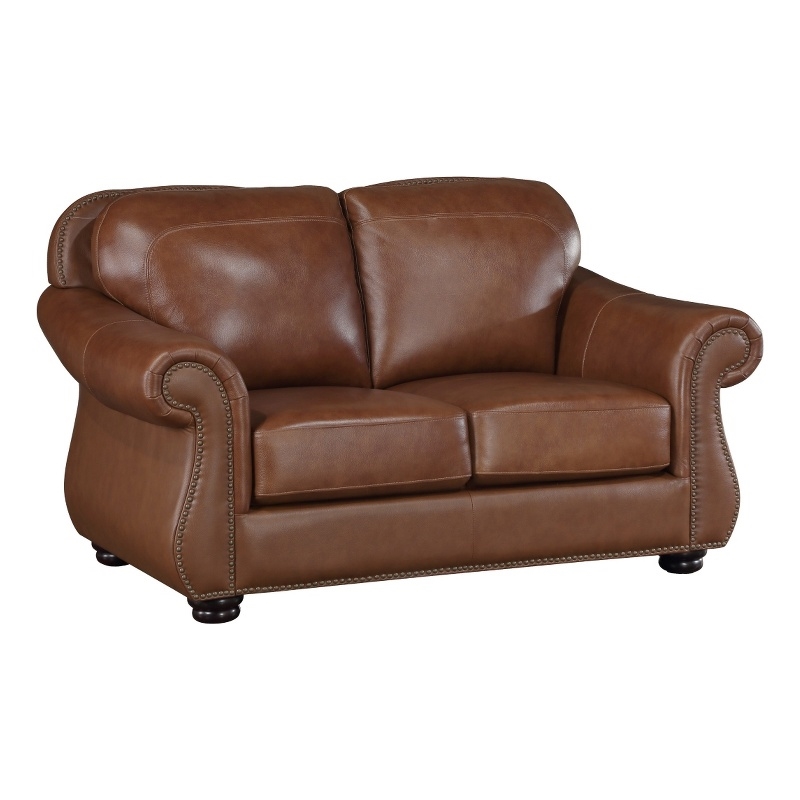 Boro 64 Inch Loveseat- Rich Brown Top Grain and Faux Leather- Solid Wood