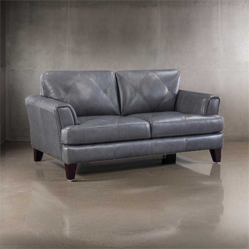 Lisa 71 Inch Loveseat- Gray Top Grain and Split Leather Brown Solid Wood