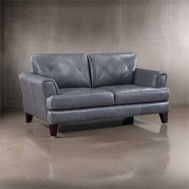 Lisa 71 Inch Loveseat- Gray Top Grain and Split Leather Brown Solid Wood