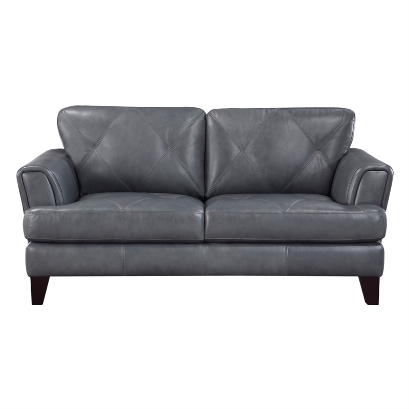 Lisa 71 Inch Loveseat- Gray Top Grain and Split Leather Brown Solid Wood