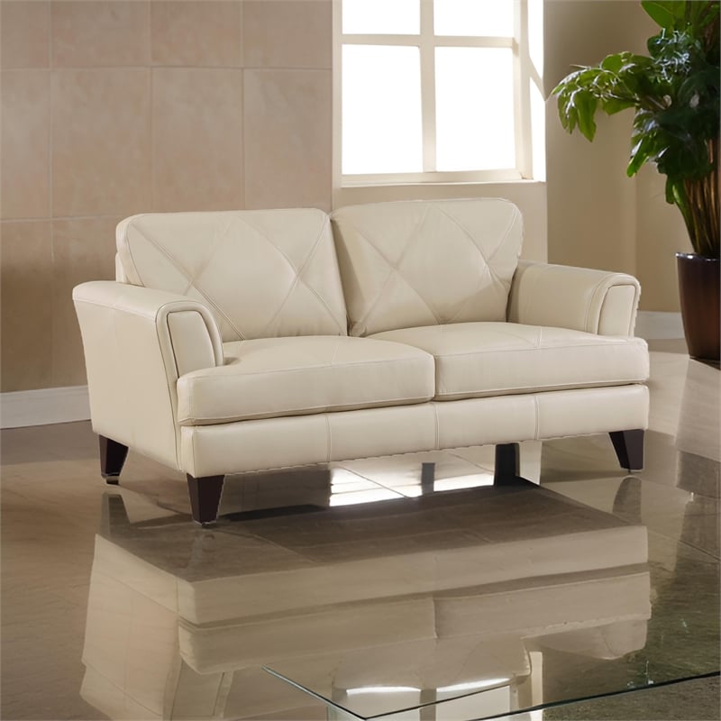 Lisa 71 Inch Loveseat- Cream Top Grain and Split Leather Brown Solid Wood