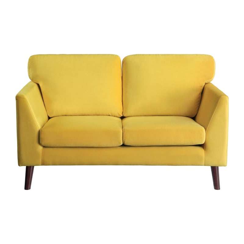 Brad 58 Inch Loveseat- Yellow Velvet- Reversible Cushions- Dark Brown Wood