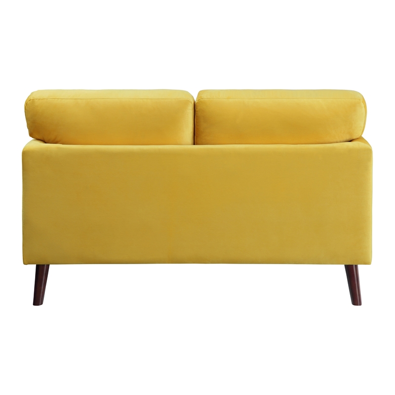 Brad 58 Inch Loveseat- Yellow Velvet- Reversible Cushions- Dark Brown Wood