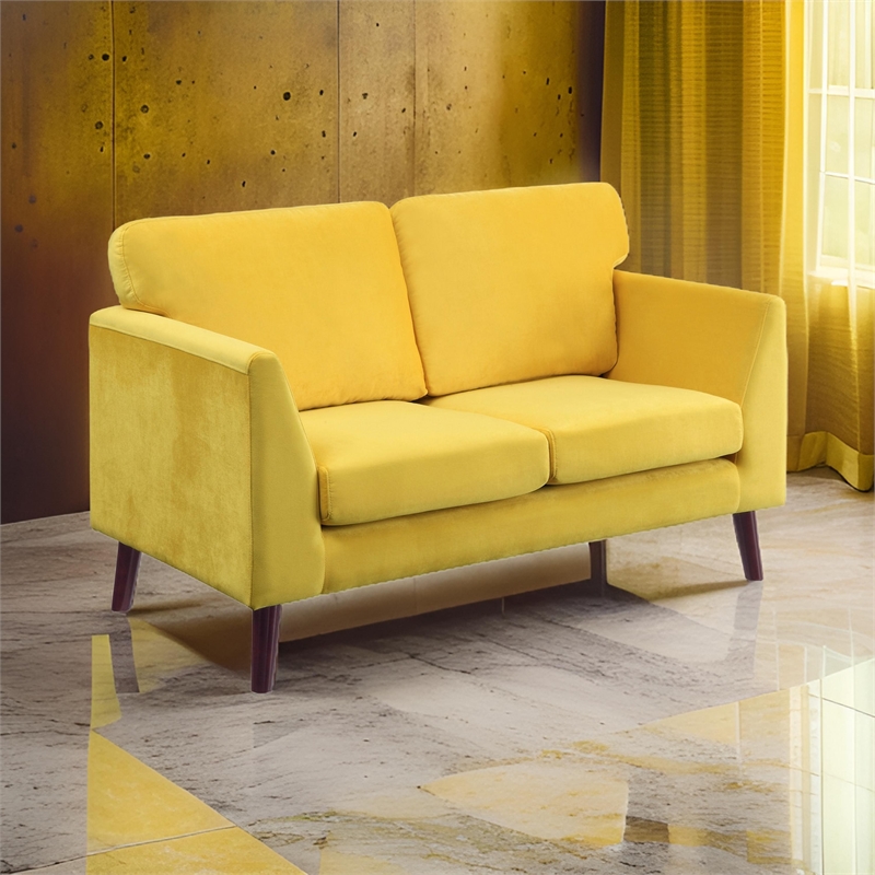 Brad 58 Inch Loveseat- Yellow Velvet- Reversible Cushions- Dark Brown Wood