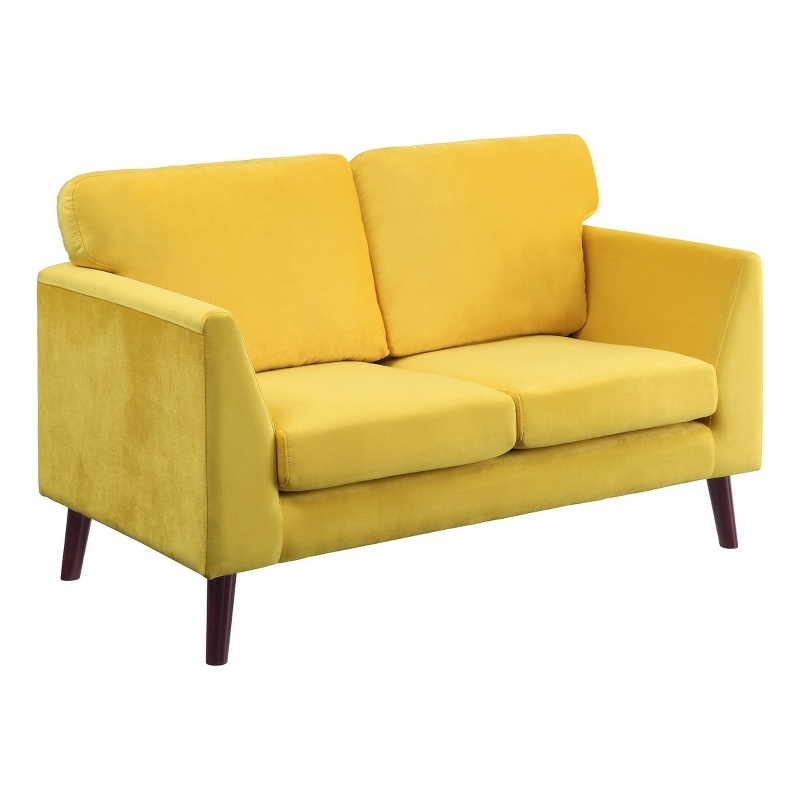 Brad 58 Inch Loveseat- Yellow Velvet- Reversible Cushions- Dark Brown Wood