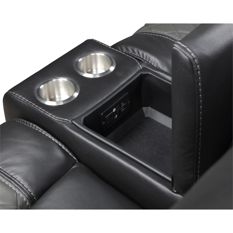 Liam 77 Inch Manual Recliner Loveseat- Cupholder Console- Gray Faux Leather