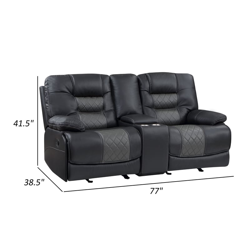 Liam 77 Inch Manual Recliner Loveseat- Cupholder Console- Gray Faux Leather