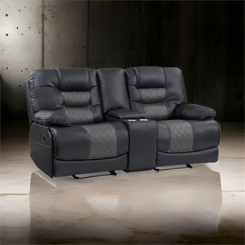 Liam 77 Inch Manual Recliner Loveseat- Cupholder Console- Gray Faux Leather