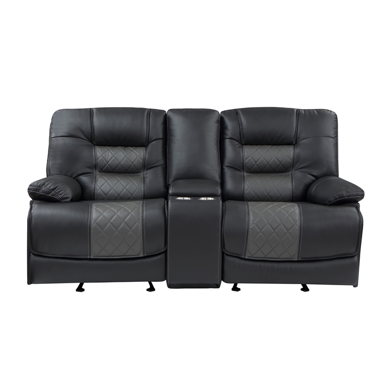 Liam 77 Inch Manual Recliner Loveseat- Cupholder Console- Gray Faux Leather
