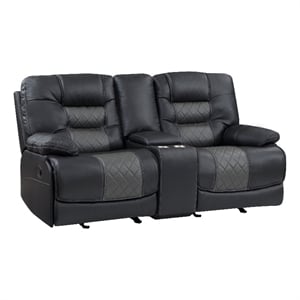 Liam 77 Inch Manual Recliner Loveseat- Cupholder Console- Gray Faux Leather