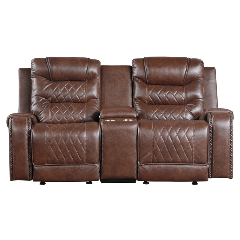 Paul 78 Inch Manual Recliner Loveseat- Cupholder Console Brown Faux Leather