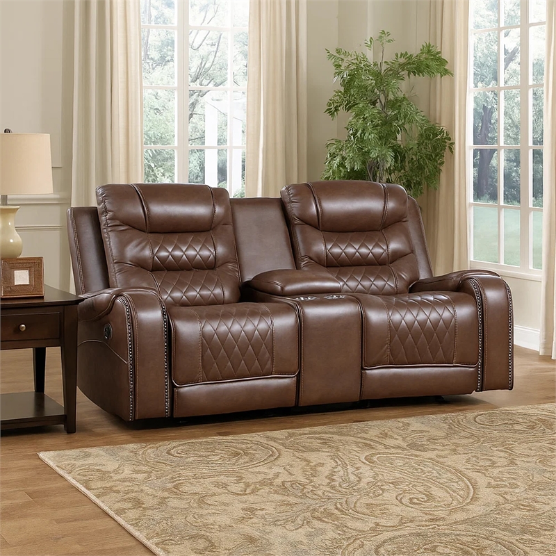 Paul 78 Inch Manual Recliner Loveseat- Cupholder Console Brown Faux Leather