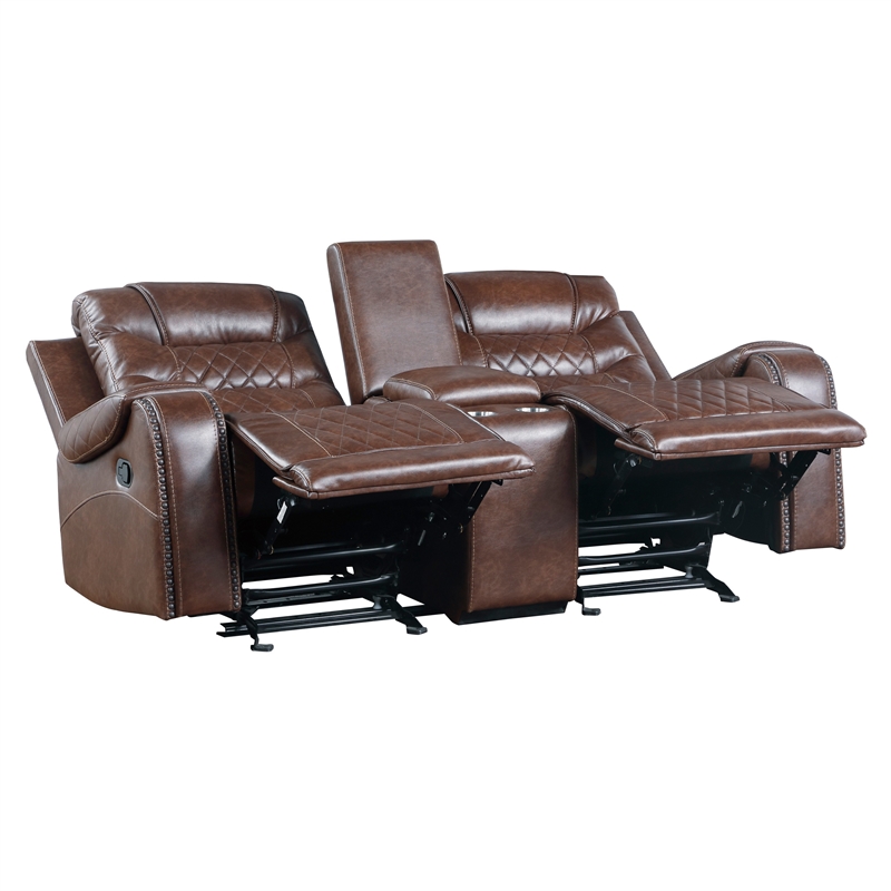 Paul 78 Inch Manual Recliner Loveseat- Cupholder Console Brown Faux Leather