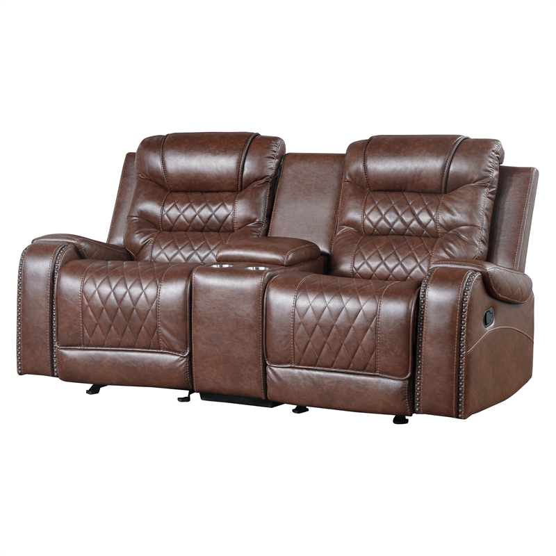 Paul 78 Inch Manual Recliner Loveseat- Cupholder Console Brown Faux Leather