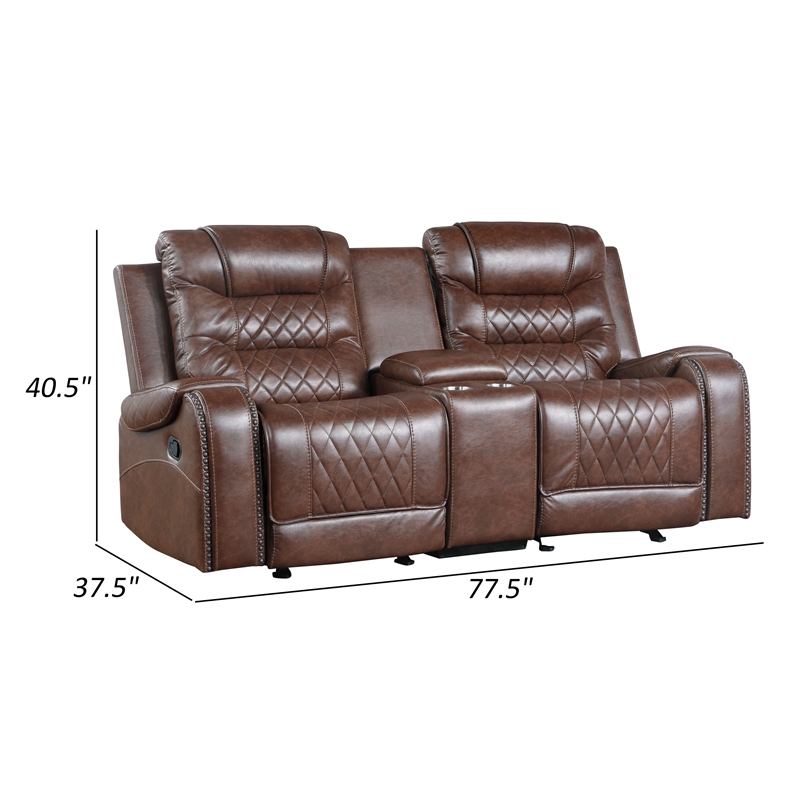 Paul 78 Inch Manual Recliner Loveseat- Cupholder Console Brown Faux Leather