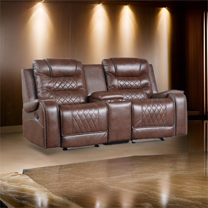 Paul 78 Inch Manual Recliner Loveseat- Cupholder Console Brown Faux Leather