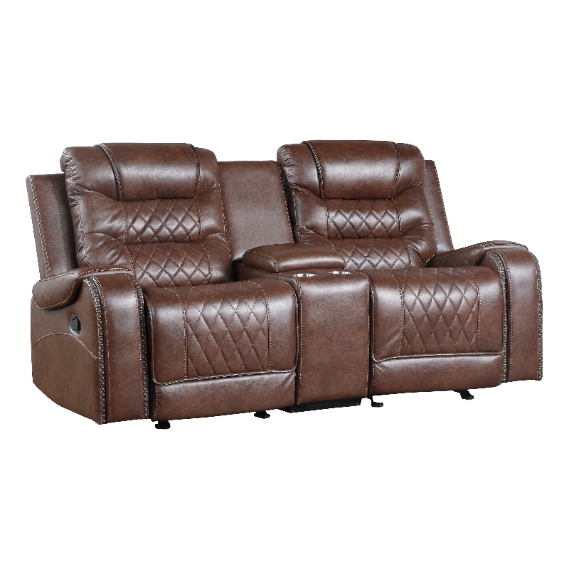 Paul 78 Inch Manual Recliner Loveseat- Cupholder Console Brown Faux Leather
