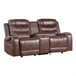 Paul 78 Inch Manual Recliner Loveseat- Cupholder Console Brown Faux Leather