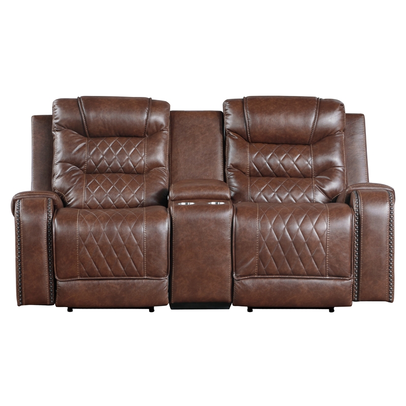 Paul 78 Inch Power Recliner Loveseat- Cupholder Console- Brown Faux Leather