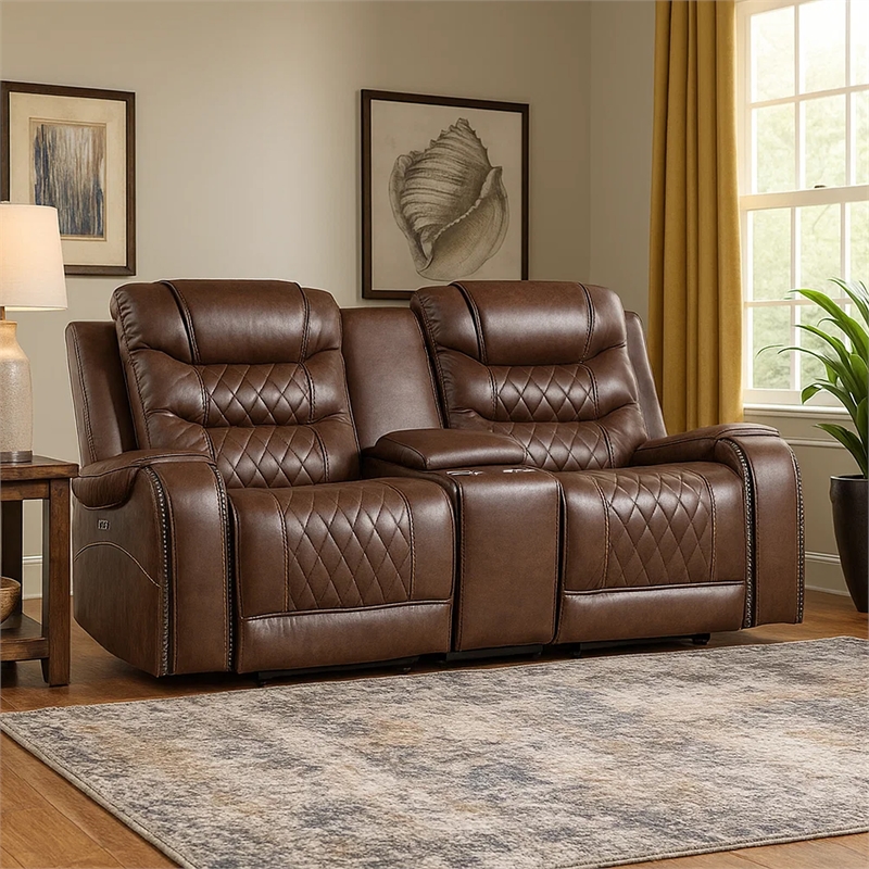Paul 78 Inch Power Recliner Loveseat- Cupholder Console- Brown Faux Leather