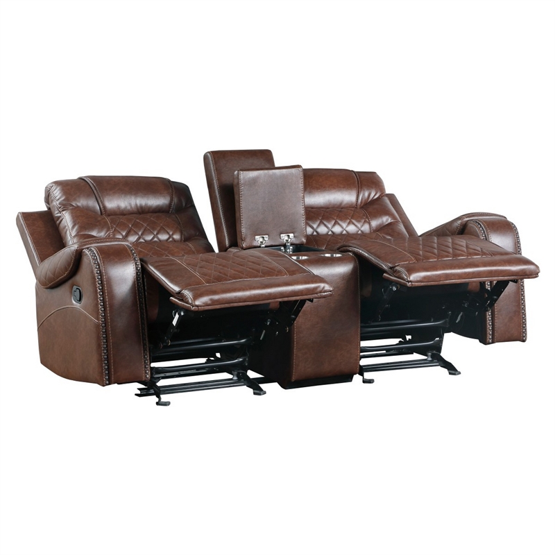 Paul 78 Inch Power Recliner Loveseat- Cupholder Console- Brown Faux Leather