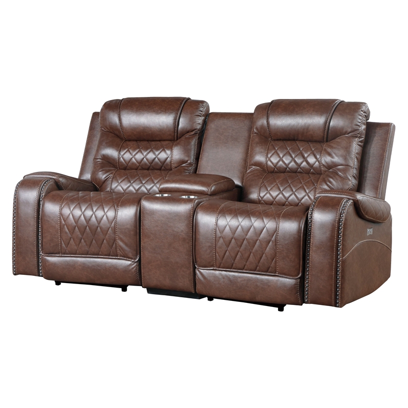 Paul 78 Inch Power Recliner Loveseat- Cupholder Console- Brown Faux Leather