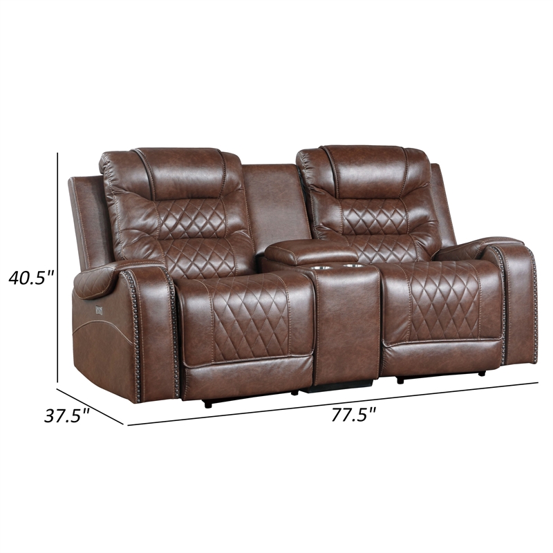 Paul 78 Inch Power Recliner Loveseat- Cupholder Console- Brown Faux Leather