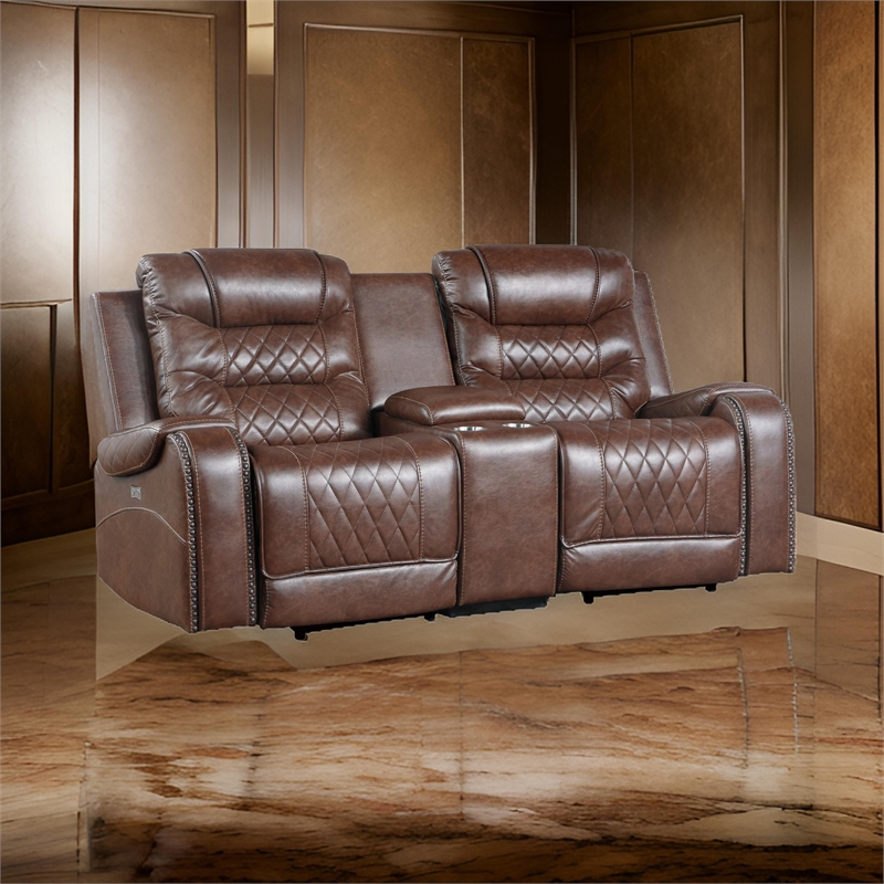 Paul 78 Inch Power Recliner Loveseat- Cupholder Console- Brown Faux Leather