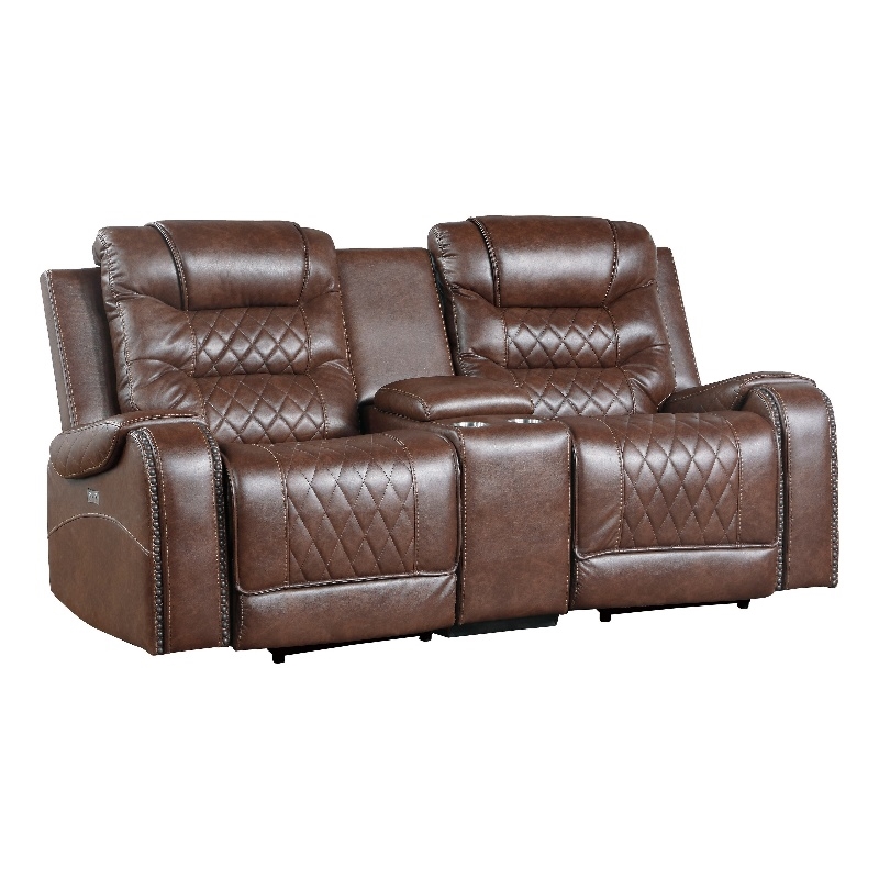 Paul 78 Inch Power Recliner Loveseat- Cupholder Console- Brown Faux Leather