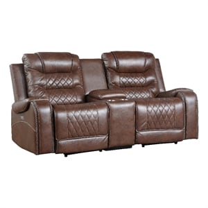 Paul 78 Inch Power Recliner Loveseat- Cupholder Console- Brown Faux Leather