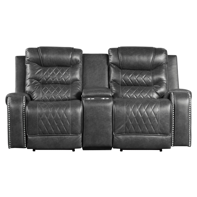 Paul 78 Inch Power Recliner Loveseat- Cupholder Console- Gray Faux Leather