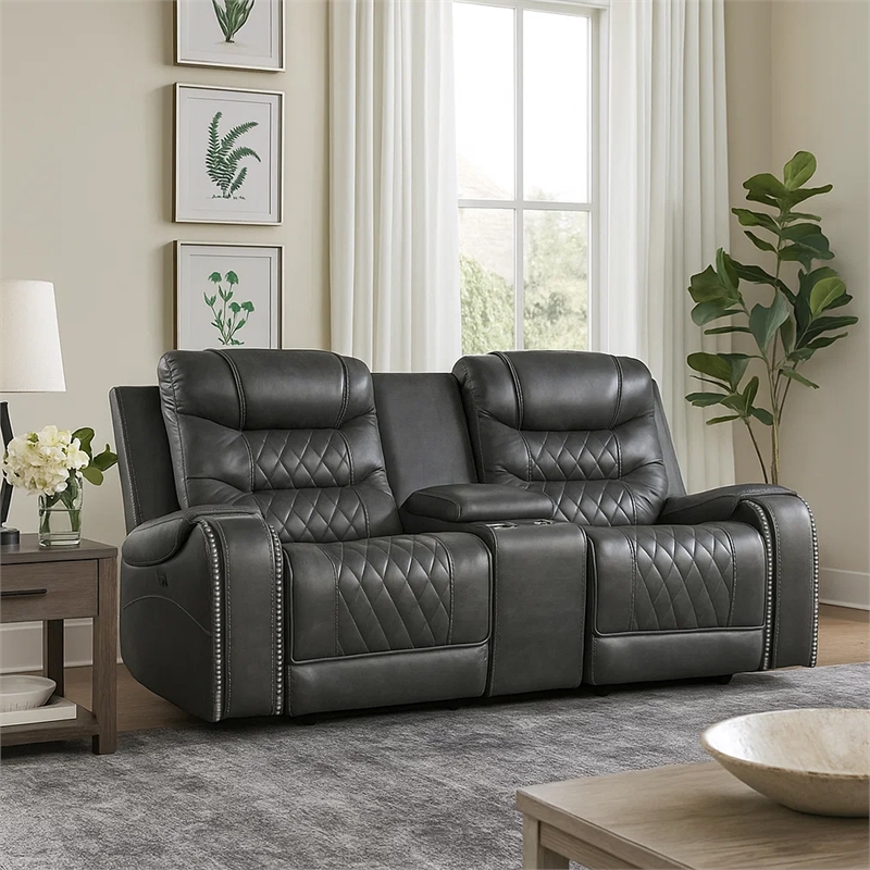 Paul 78 Inch Power Recliner Loveseat- Cupholder Console- Gray Faux Leather