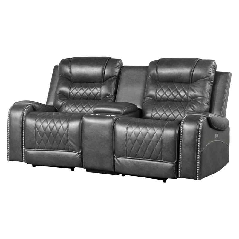 Paul 78 Inch Power Recliner Loveseat- Cupholder Console- Gray Faux Leather