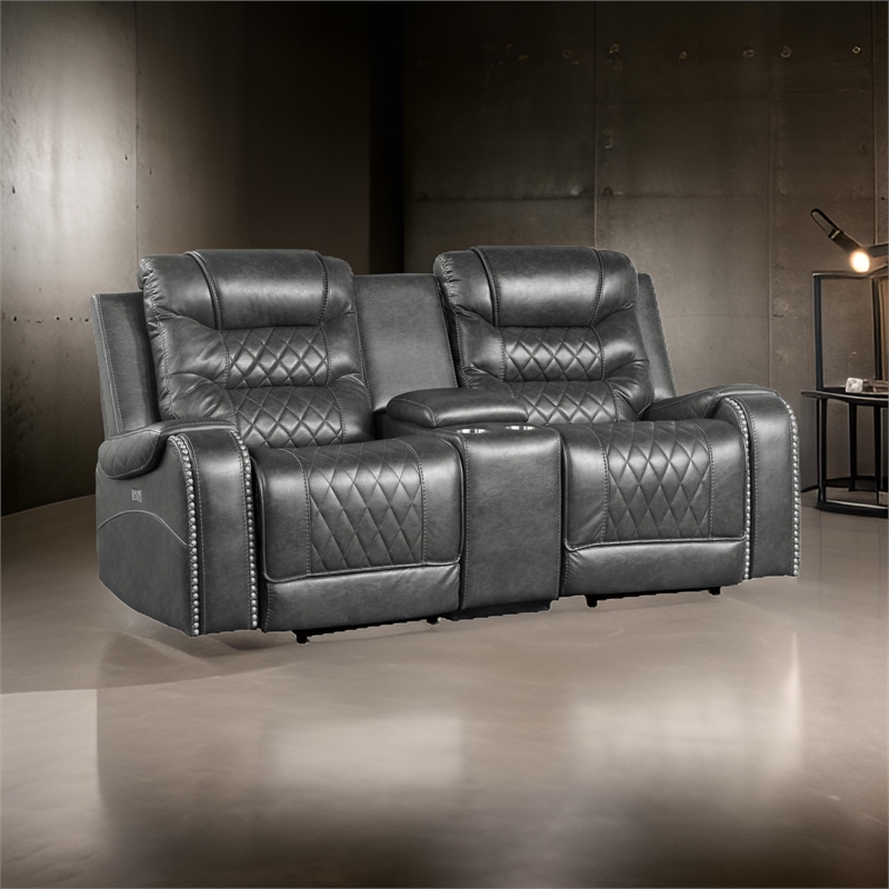 Paul 78 Inch Power Recliner Loveseat- Cupholder Console- Gray Faux Leather
