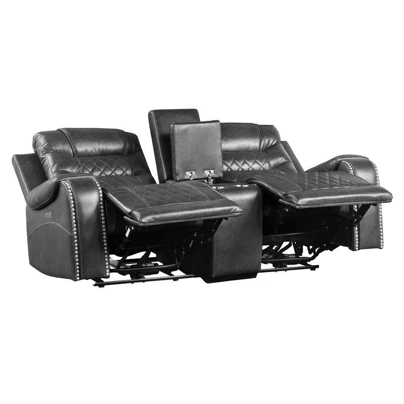 Paul 78 Inch Power Recliner Loveseat- Cupholder Console- Gray Faux Leather