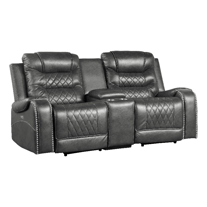 Paul 78 Inch Power Recliner Loveseat- Cupholder Console- Gray Faux Leather