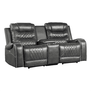 Paul 78 Inch Power Recliner Loveseat- Cupholder Console- Gray Faux Leather
